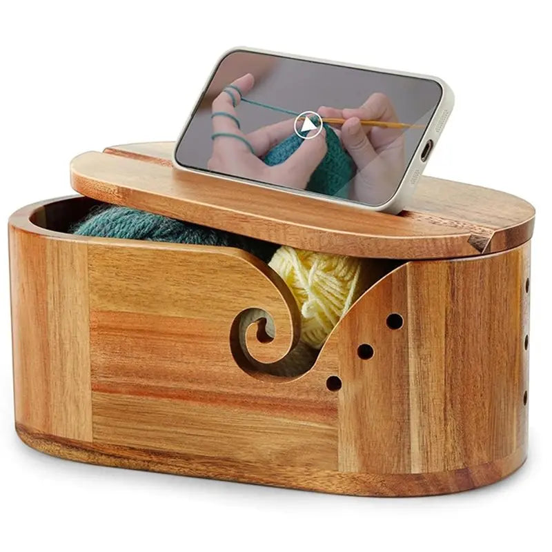 Bol à laine ovale XL en bois avec couvercle + 9 crochets métal StitchNest™ — anti-nœuds