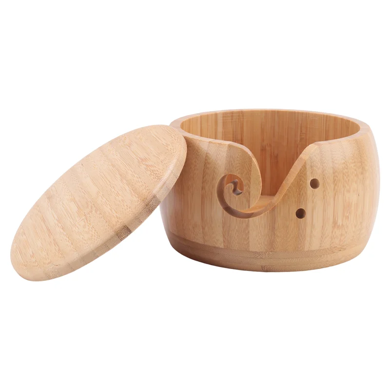 Bol à laine en bambou avec couvercle StitchNest™ — anti-nœuds + rangement aiguilles