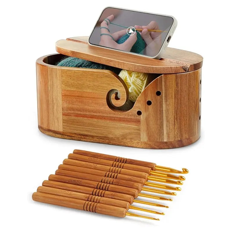 Bol à laine ovale XL en bois avec couvercle + 9 crochets métal StitchNest™ — anti-nœuds