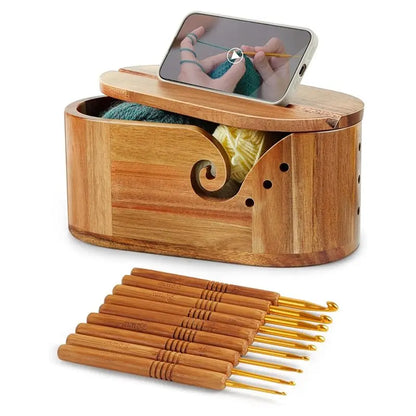 Bol à laine ovale XL en bois avec couvercle + 9 crochets métal StitchNest™ — anti-nœuds