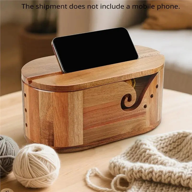 Bol à laine ovale XL en bois avec couvercle + 9 crochets métal StitchNest™ — anti-nœuds