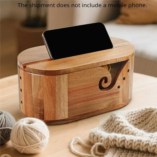 Bol à laine ovale XL en bois avec couvercle + 9 crochets métal StitchNest™ — anti-nœuds