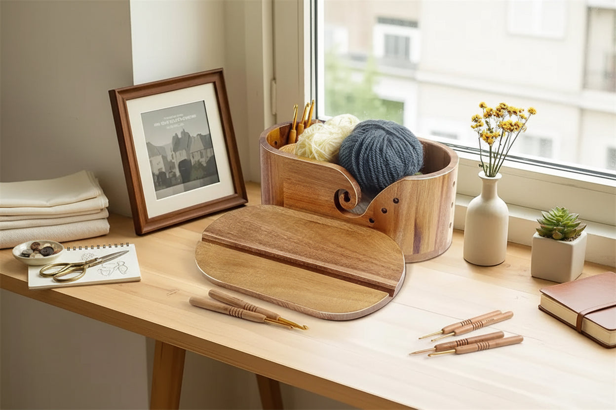 Bol à laine ovale XL en bois avec couvercle + 9 crochets métal StitchNest™ — anti-nœuds
