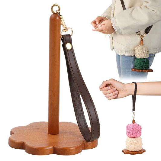 Support de pelote portable en bois StitchNest™ — bracelet + bandoulière (anti-nœuds)